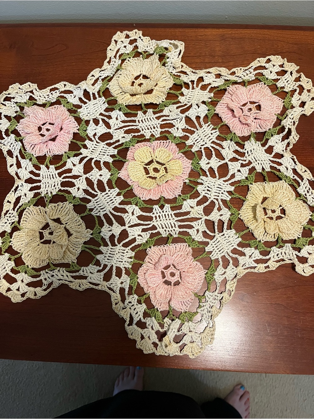 Handcrafted Floral Crochet Doily - Pink, Cream & Green